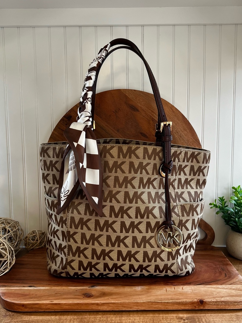 Michael Kors Brown and Tan MK Logo Tote with Scarf